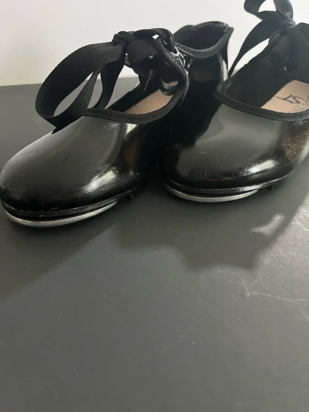 Capezio Black Patent Leather Mary Jane Ribbon Tie Little Girls Tap Dance Shoes